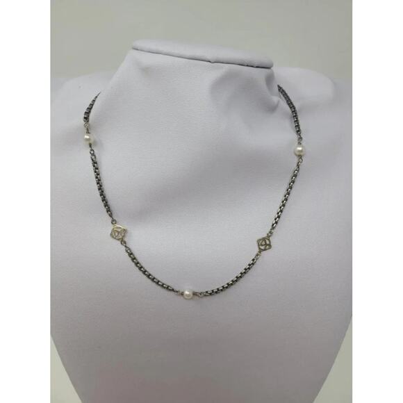 AUTH David Yurman Sterling Silver 14k DY and Pearl Station Cable Necklace - Picture 6 of 10